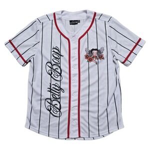 Betty Boop Womens Top Sz Medium White Baseball Jersey Biker Babe‎ Graphic